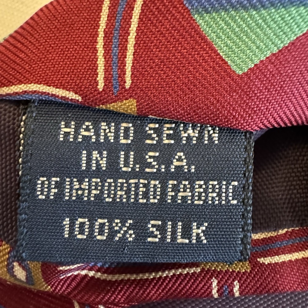 Lands End Silk Necktie Red Green Blue Geometric Diamond Print Tie Long 62" USA - Picture 6 of 9